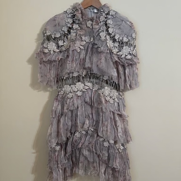 Zimmermann Dresses & Skirts - Lavender-Tone Ruffled Floral Appliqué Cape Dress